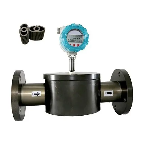 A Metrys oval-gear flow meter with a dark flanged body marked with IN and OUT arrows and a turquoise LCD head on a stainless stem, shown beside a pair of its toothed oval rotors.