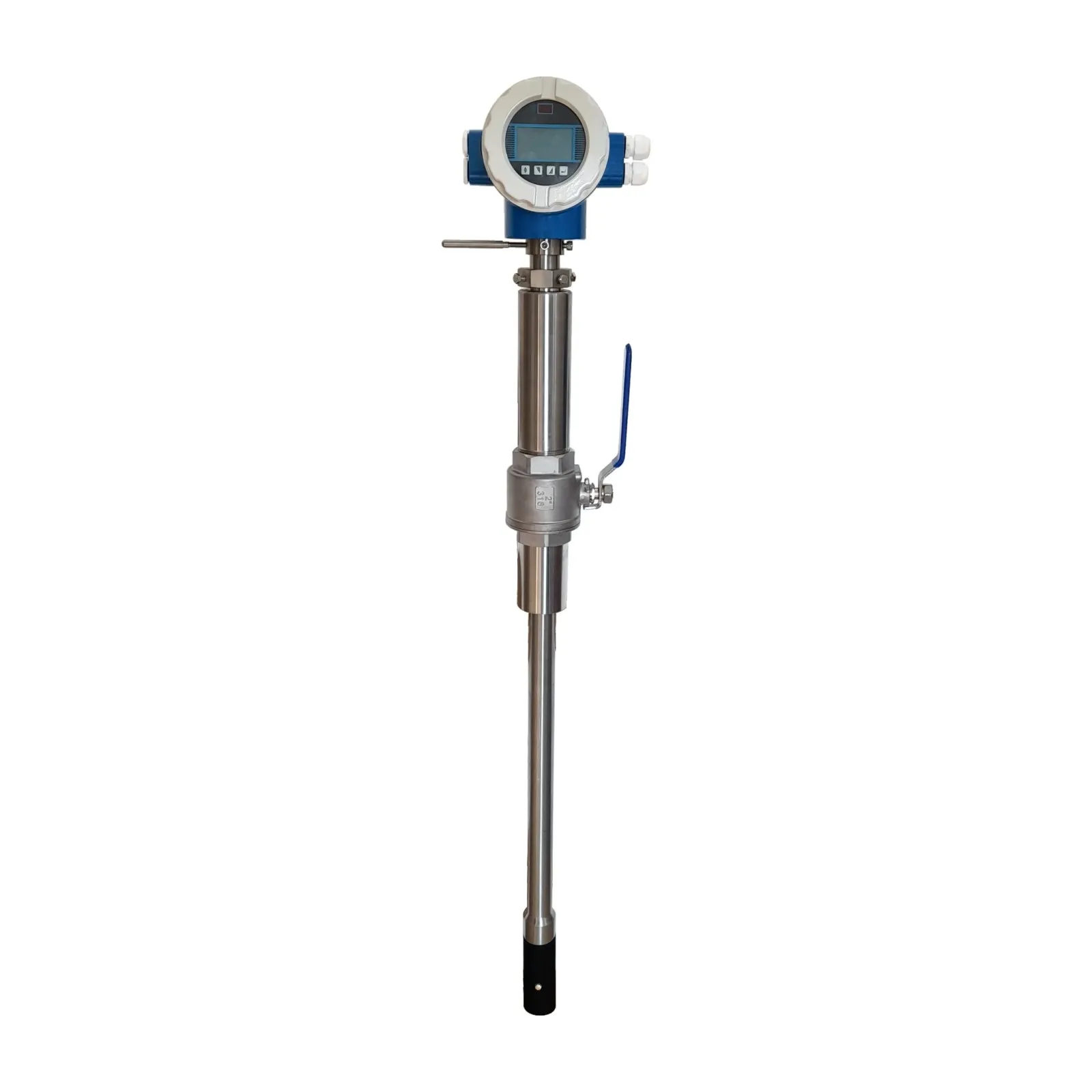 A Metrys insertion electromagnetic flow meter: a blue transmitter with a white bezel, LCD and four keys on a long stainless steel probe with a ball valve and a black sensor tip.