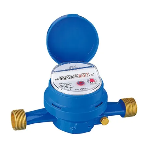 A Metrys single-jet water meter seen from the front, with the blue lid raised over the dial and brass threaded connections at both ends.