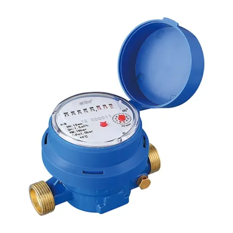 A Metrys single-jet water meter from above, with the blue lid swung open to one side and a brass threaded connection in front.