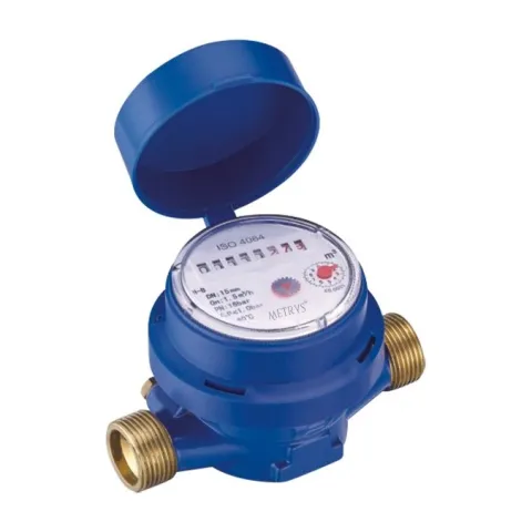 A Metrys single-jet water meter in dark blue with the lid raised, showing a dry register dial marked ISO 4064.