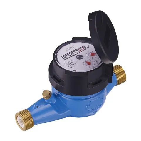 A Metrys R160 multi-jet dry-dial water meter with the black lid open over the dial, on a blue body with brass threaded ends.