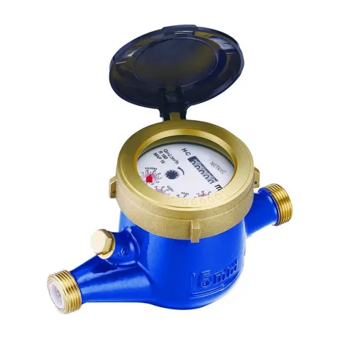 The DN15 size of a Metrys R160 multi-jet semi-liquid sealed water meter, with a brass register ring and the lid open over the dial.