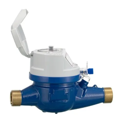 The side profile of a Metrys R160 multi-jet pulse-ready water meter, with its white register housing, raised lid and a wire seal.