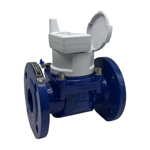 A Metrys R160 Woltmann bulk water meter with a grey communication module fitted over the register, on a flanged dark blue body.
