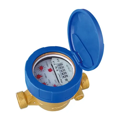 A Metrys single-jet liquid-sealed water meter seen from above with the blue lid fully open, showing the number wheels and red pointer dials.
