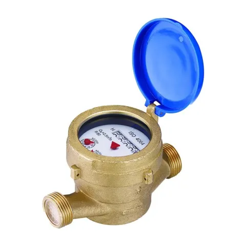 A Metrys single-jet wet-dial water meter with a brass body and the blue lid raised, showing the dial and number wheels.