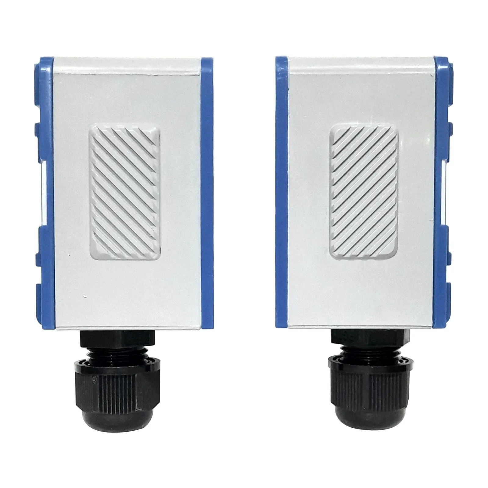 A Metrys pair of clamp-on ultrasonic transducers in grey and blue housings, each with a black cable gland.