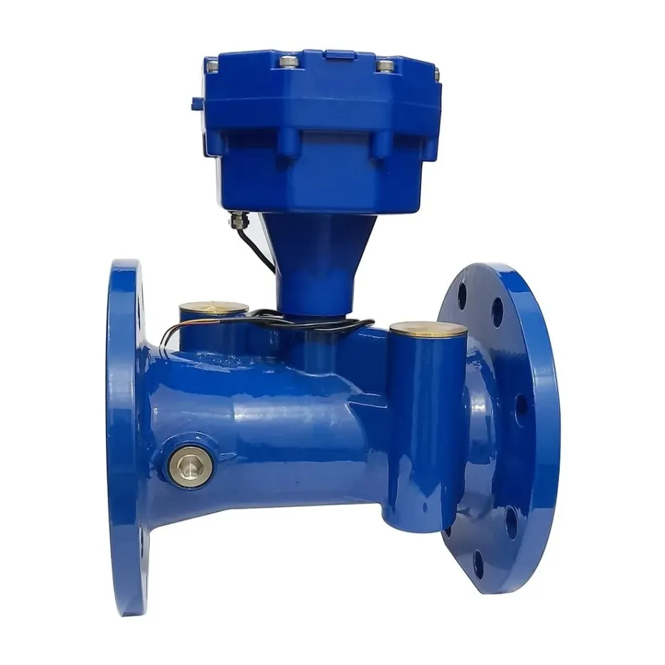 A Metrys ultrasonic bulk water meter seen from an angle, showing the blue flanged spool, transducer cables and the electronics head.