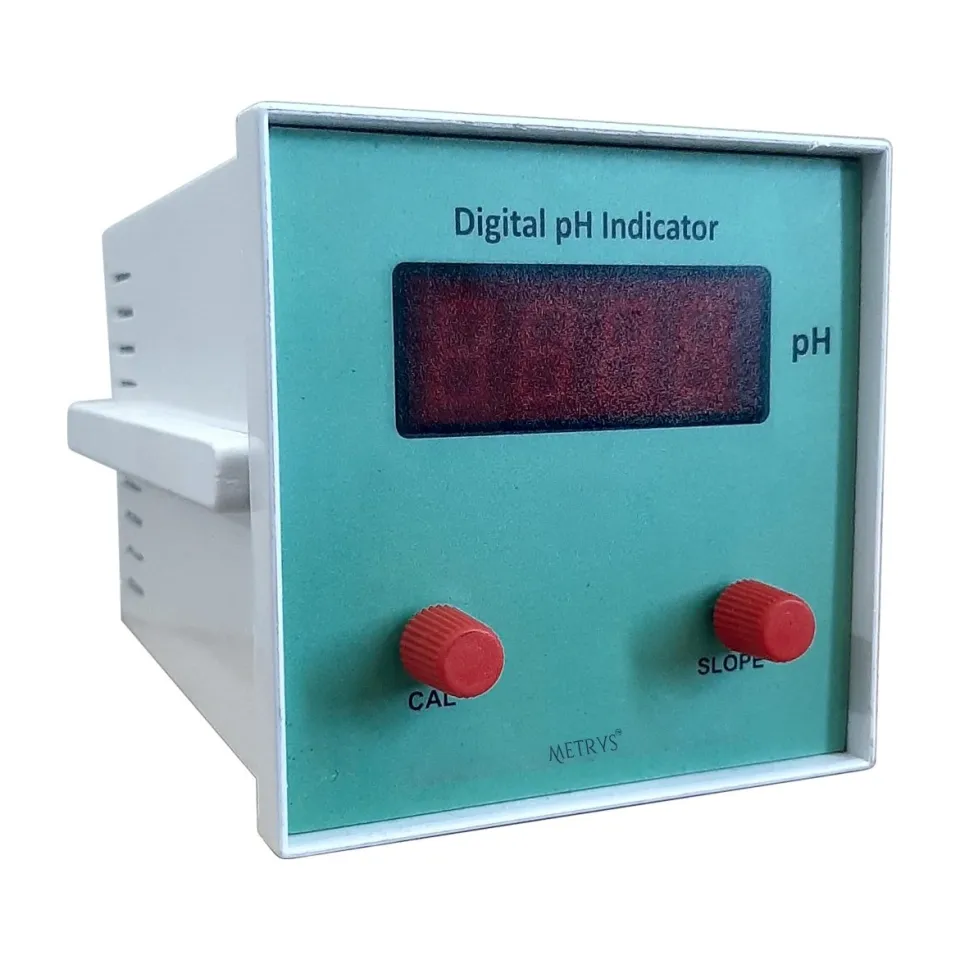 A Metrys digital pH indicator seen from the front, with a red LED display and CAL and SLOPE adjustment knobs.