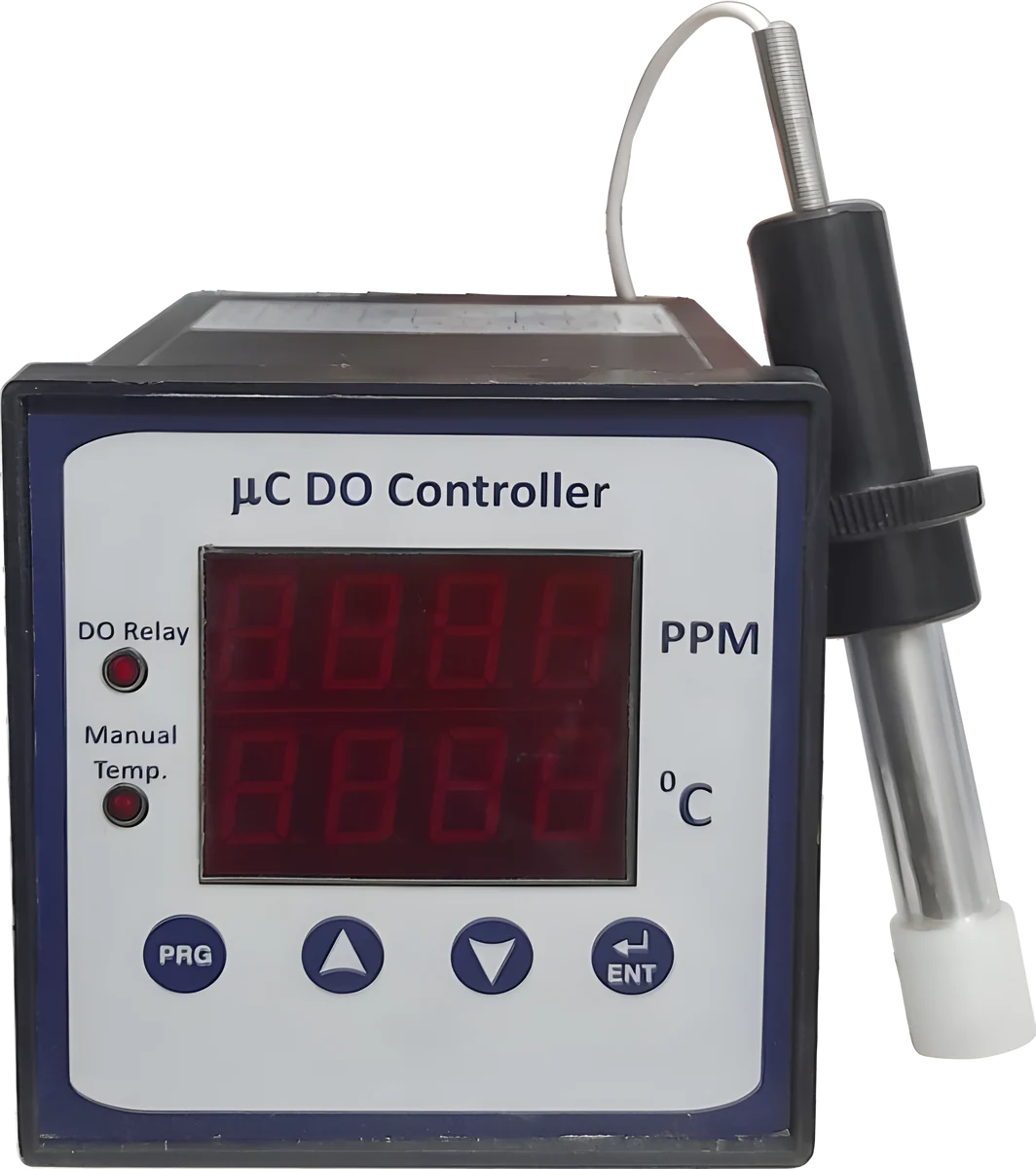 A Metrys dissolved oxygen controller with two red LED displays for ppm and °C, four keys, and its membrane probe on a cable.