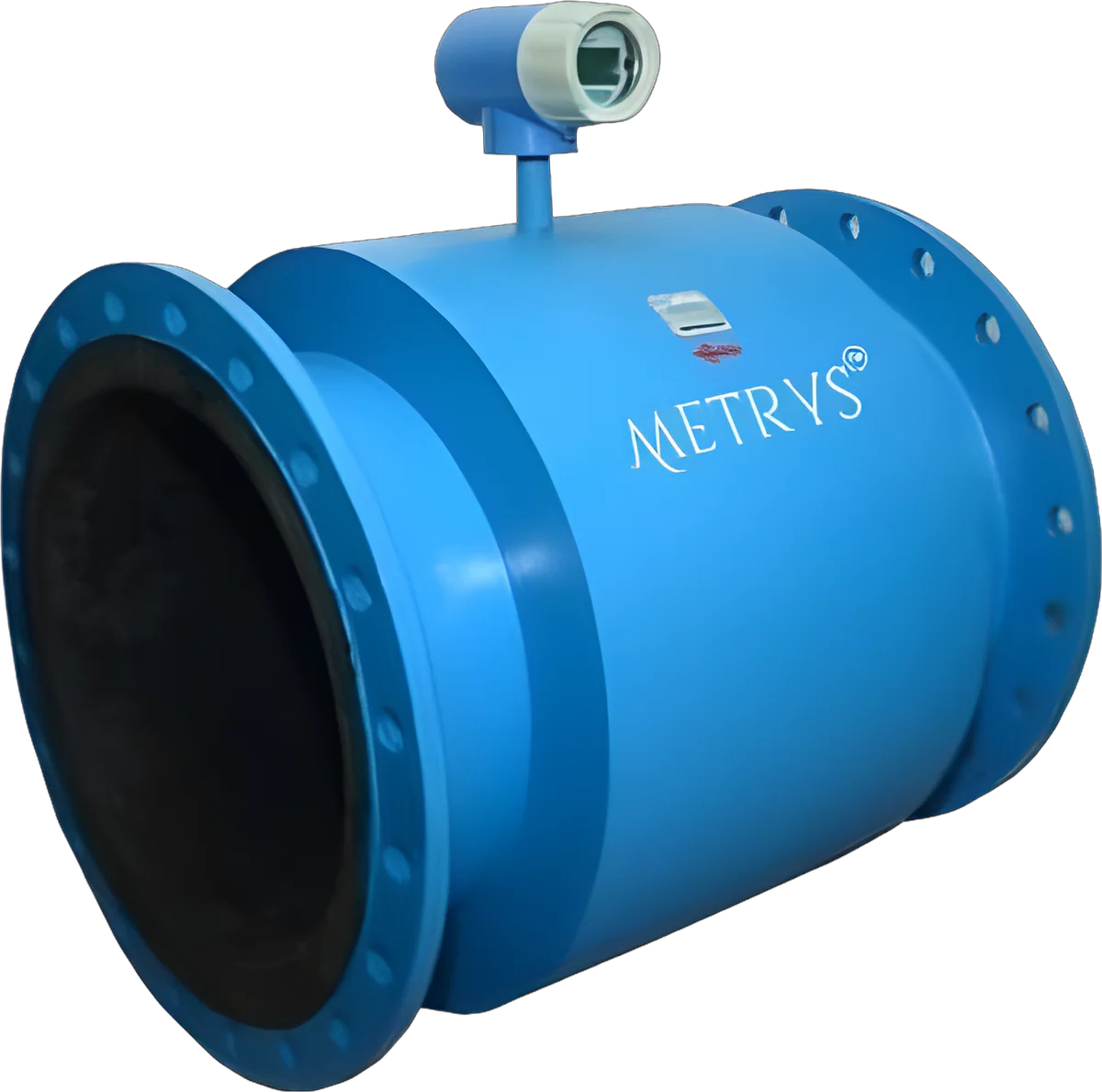 A large-bore Metrys electromagnetic flow meter with a flanged blue body and an integrally mounted transmitter.