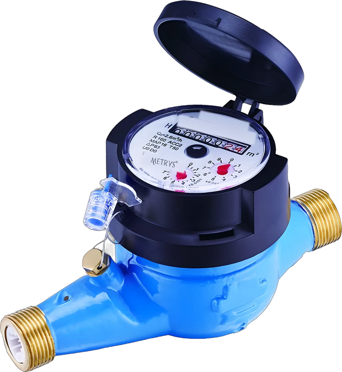 A Metrys R160 multi-jet dry-dial water meter with a black register cap, open lid and blue body with brass tailpieces.
